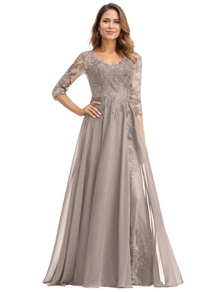 A-line V-Neck Floor-Length Lace Chiffon Mother of the Bride Dress With Sequins
